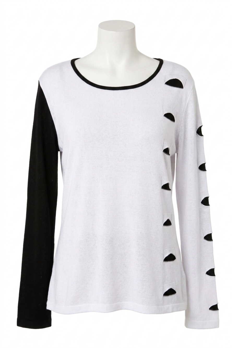NEW ANGEL cut out scoop neck pullover in white/black